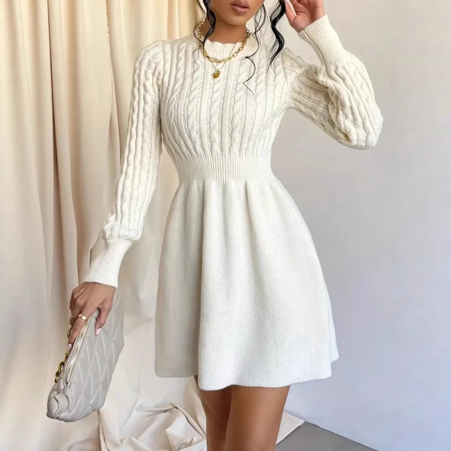 

Knitted Dress Women 2025 Autumn Winter New Waist-tied Round Neck Ribbed Pattern Dress