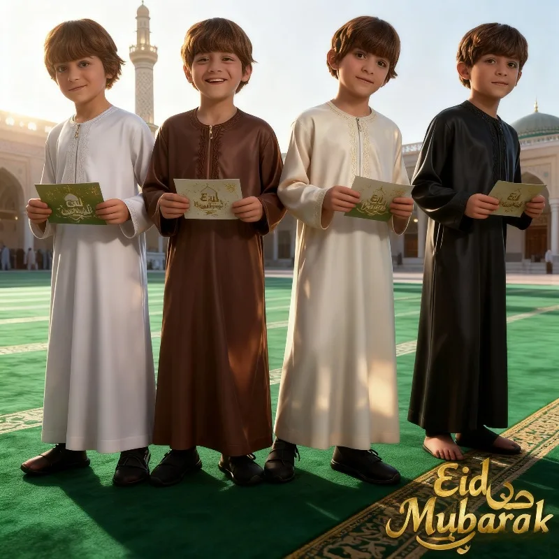 

Muslim Teenager Abaya Ramadan Juba Prayer Tobe Boy Long Dress Children's Islamic Robe Coffee Colored Arabic Robe O-neck Robe