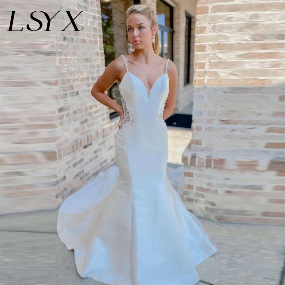 

LSYX Illusion V-Neck Sleeveless Satin Appliques Mermaid Wedding Dress Open Back Court Train Bridal Gown Custom Made