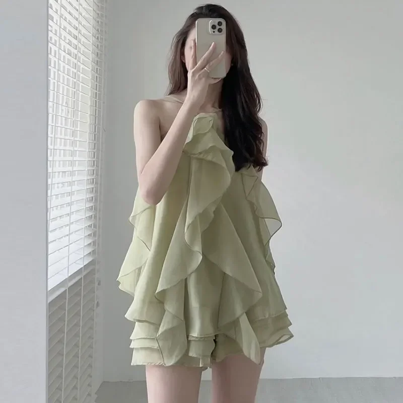 Boho Dress Vintage Hanging Neck Layer Ruffle Sleeveless Sling  Short Sexy Green Chiffon es Robe Vestidos Mujer Korean