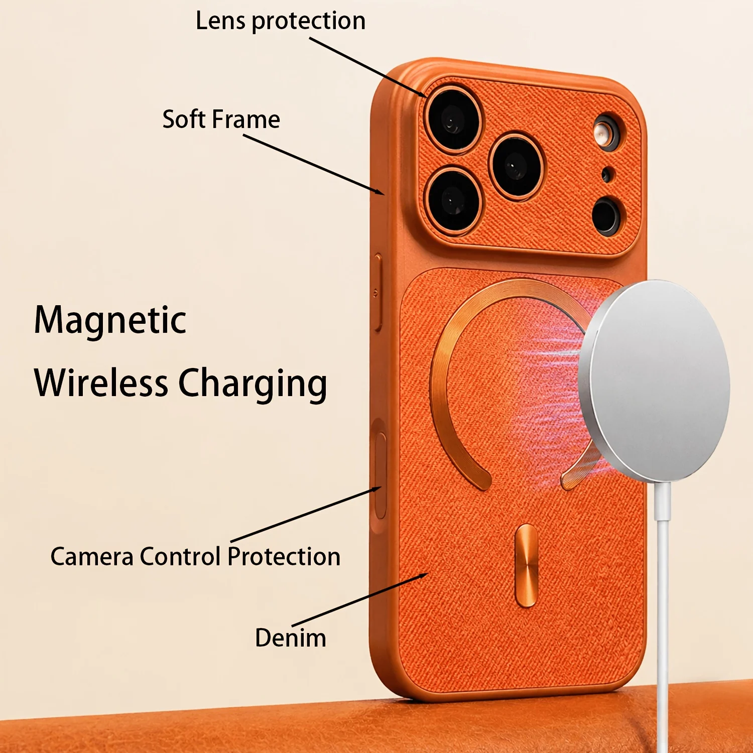 Luxury Orange Fabric Magnetic Phone Case For iPhone 17 Air 16 15 14 13 Pro Max Shockproof Protective Cover With Hand Lanyard