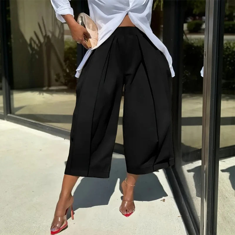BKLD Stylish Women Ankle-length Pants Elastic Waist Pocket Solid Color Simple Style Wide Leg Trousers Office High Street Bottoms