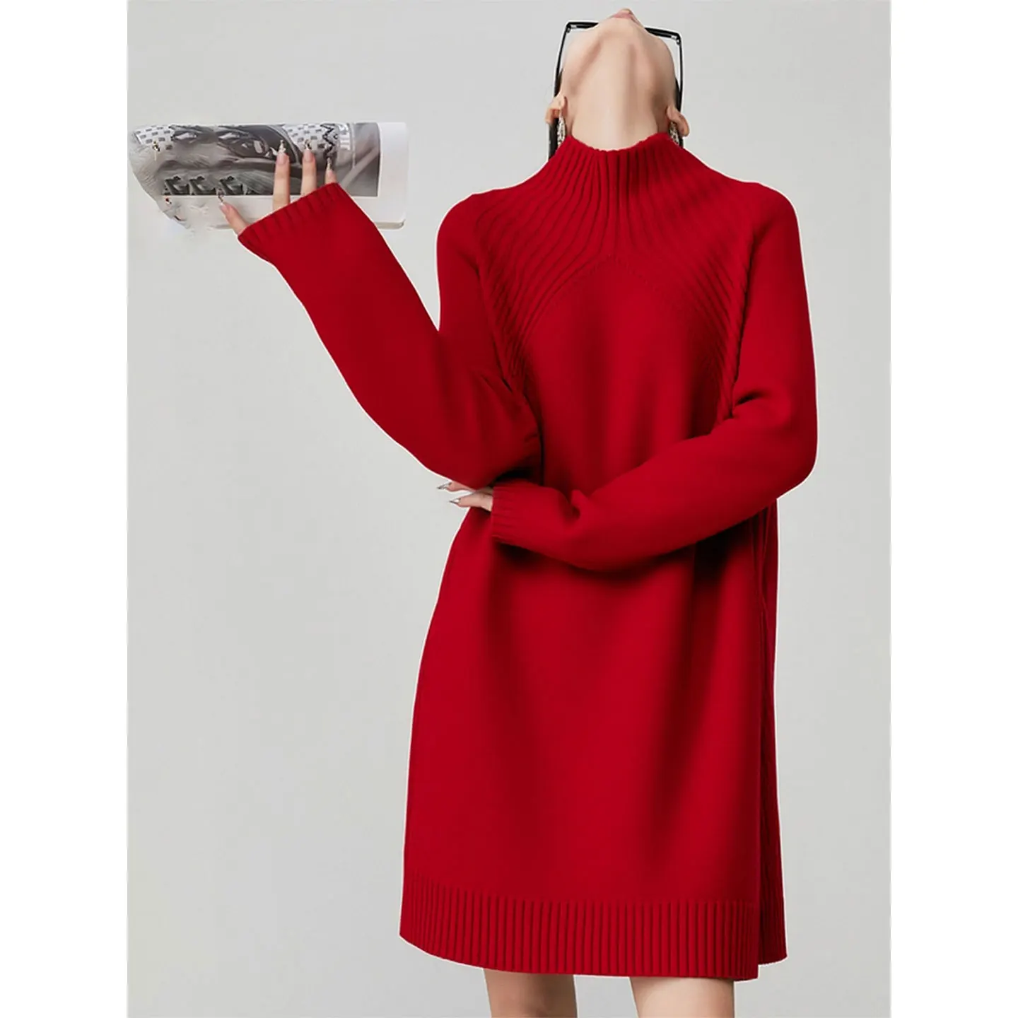 Commuting style high-necked female red long loose versatile cashmere sweater temperament sweater high sense.