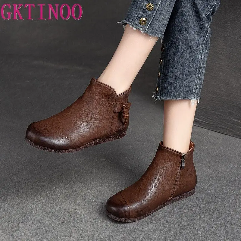 GKTINOO Winter Genuine Leather Ankle Boots 2024 Handmade Lady Soft Flat Shoes Comfortable Side Zip Ankle Boots Size 40