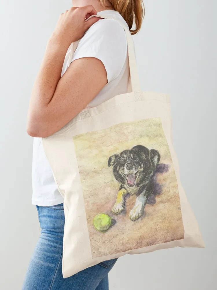 

Harry the border collie is a happy dog on the beach with a tennis ball Tote Bag custom canvas bag shopping bags foldable