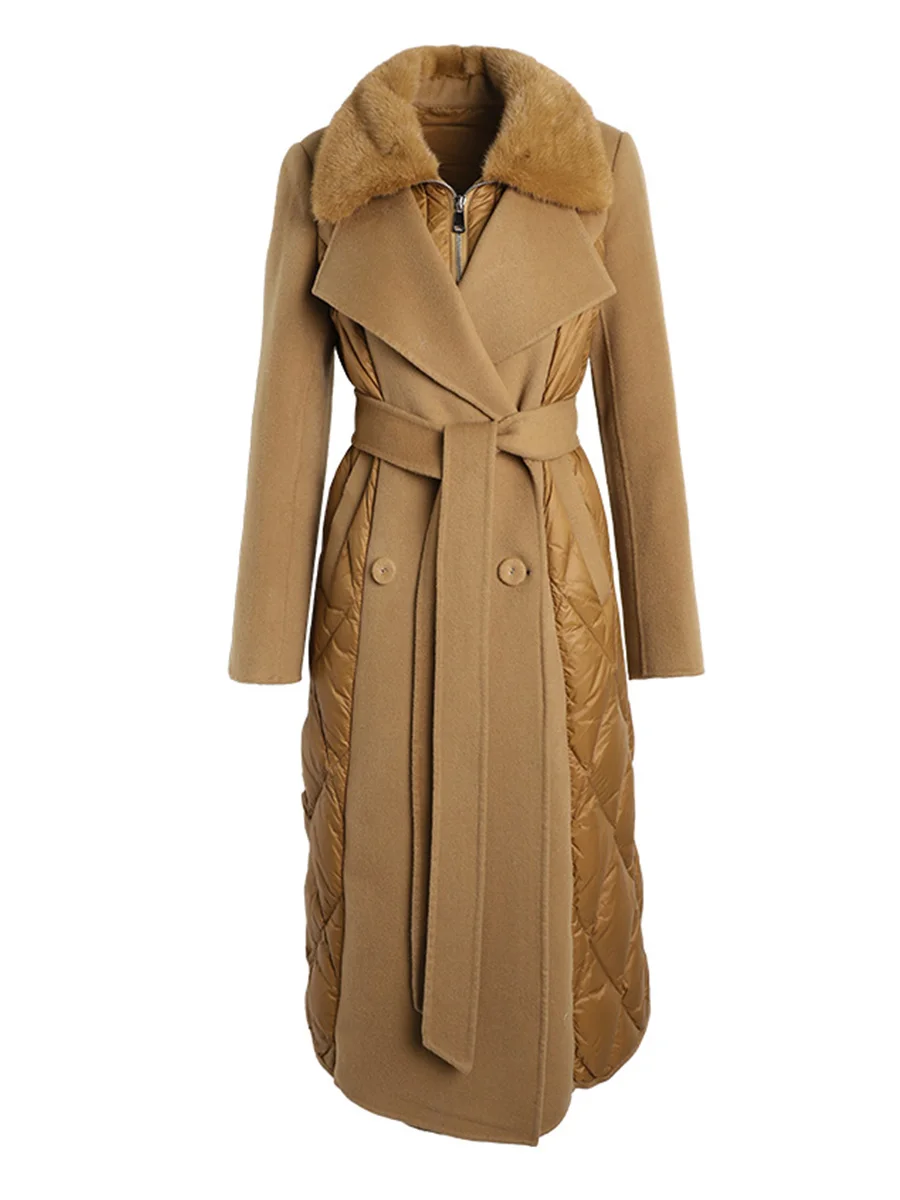 

Retro vintage Duck Down trench coats with real mink fur collar Female Warm Cashmere Pathcowrk Camel Puffer Coat