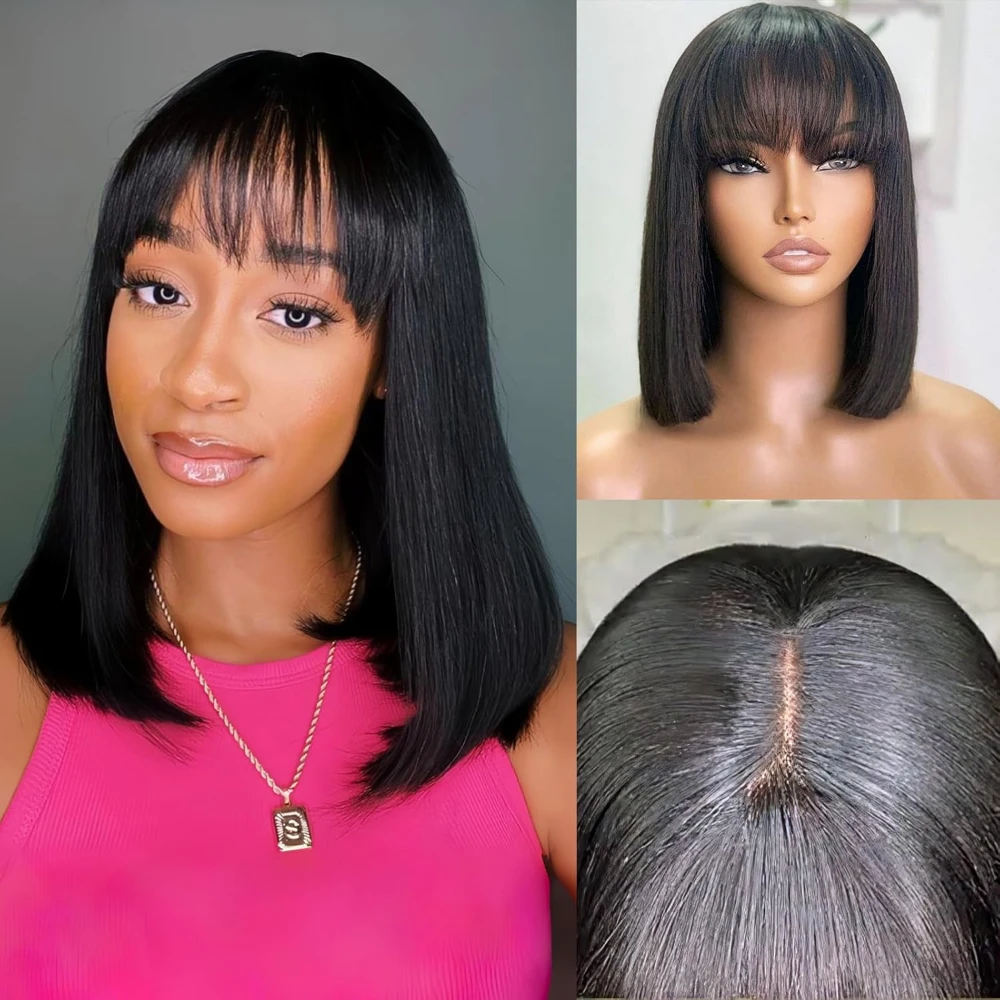 

12A Upgraded Easy Wear Glueless Bob Wig 4x1 Lace Human Hair Straight Short Bob Wig with Bangs Brazilian Human Hair Wig for Women