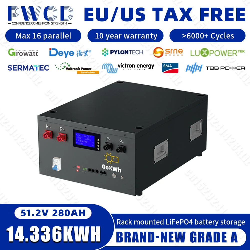 48V 280Ah LiFePO4 Battery Pack 51.2V 15Kwh 6000 Cycle Lithium Battery BMS CAN RS485 100%Capacity 10Year Warranty For Home NO TAX