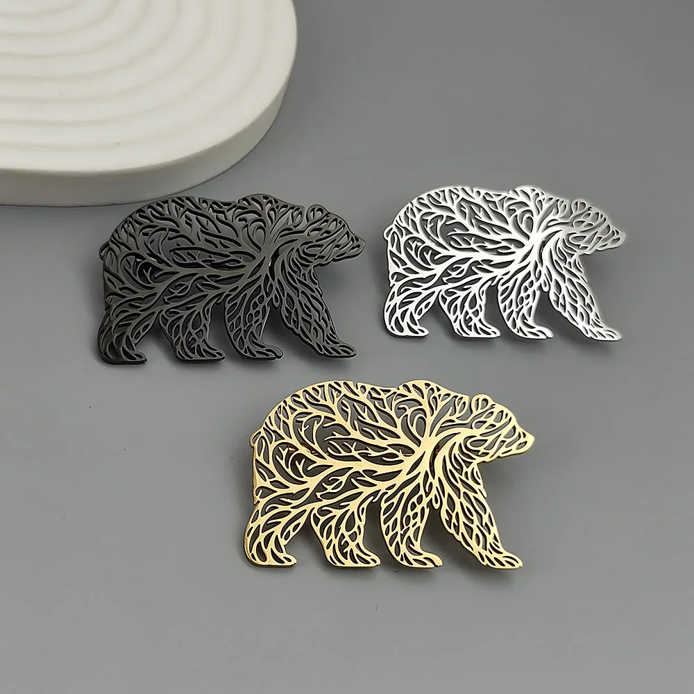 Stainless Steel Plated 18K Gold Tree Texture Bear Hollow Brooch Lapel Pin Wild Animal Suit Backpack Unisex Metal Jewelry Gift