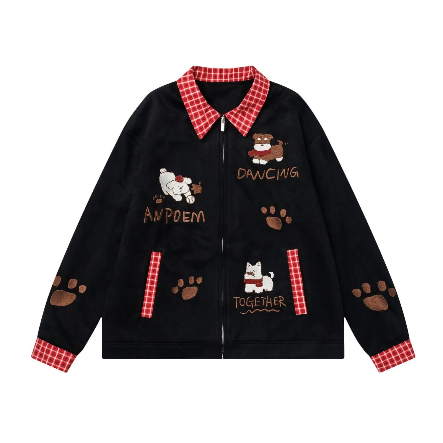 Niedliche Cartoon-Hundepfotenabdruck-Stickerei Jaet Damen Herbst Trendy Plaid Patchwork Kragen Reißverschluss Offene Strickjacke Oberbekleidung