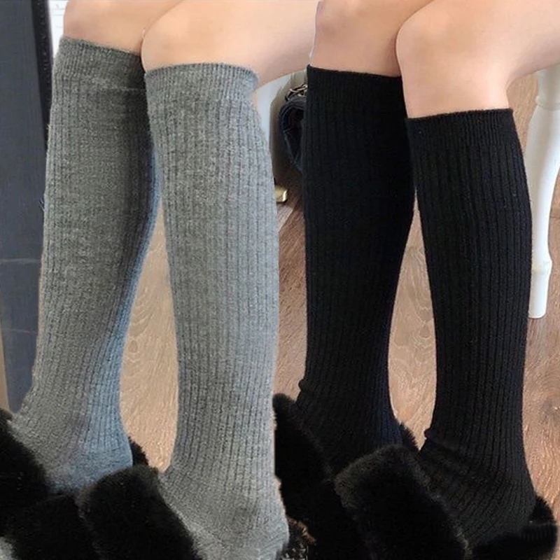 Frauen Wolle Kaschmir Lange Socken Strümpfe Herbst Winter Dicke Warme Kniehohe Weiße Socken Einfarbig Vertikale Gestrickte Strümpfe