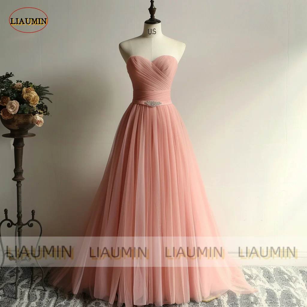 

Pink Tulle Evening Prom Dress Strapless Pleat A Line With Sash Lace Up Back Wedding Formal Occasion Lace Up Back Custom A1-13.4