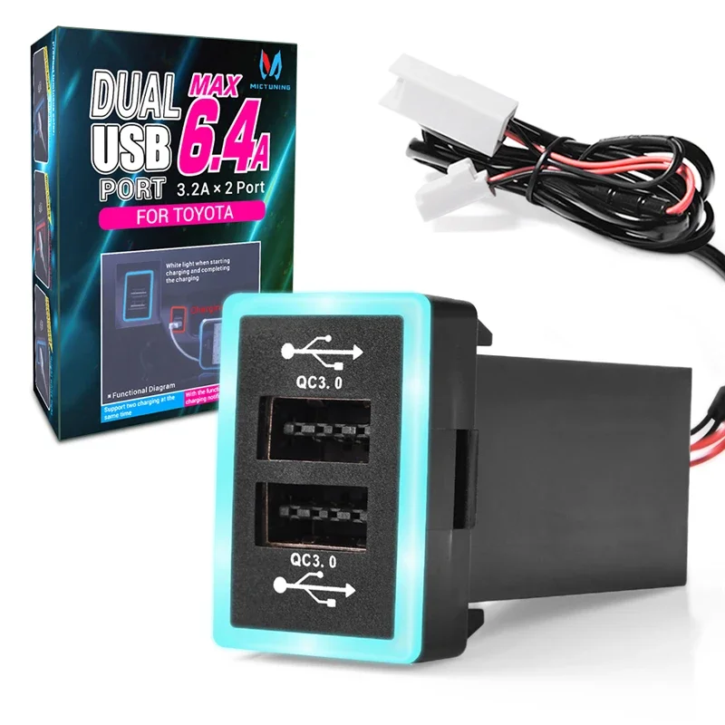

MICTUNING Blue and Red Dual USB Port Car Fast Charger LED Light Qualcomm 3.0 Quick Charger For Phones IPad IPod Toyota