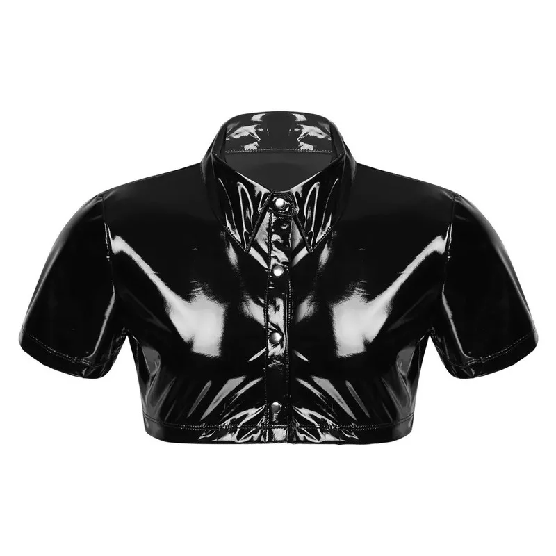 Mens Sexy PVC Leather Short-sleeved Shirt Erotic Shaping Sheath Latex Tops Casual T-shirts Shiny Short Leather Jacket Sexi