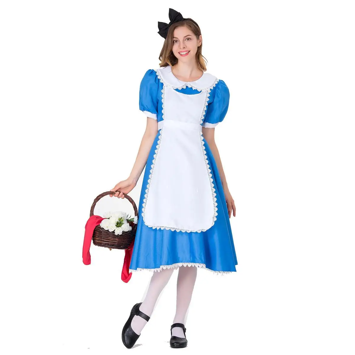

Adult loween Maid Costume Role Play Stage Performance Waitr orm Coffee op Servant Outfit Flower Pattern PU Material
