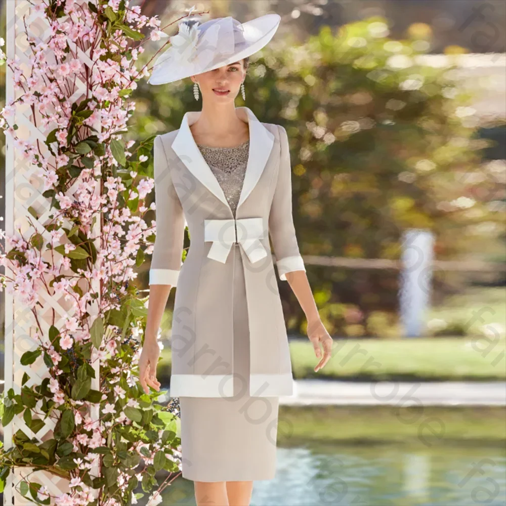 

Customized Mother Of The Bride Dresses Sheath For Wedding With Long Jacket Lace Bow Scoop Neck Gowns Knee Length Party Gown