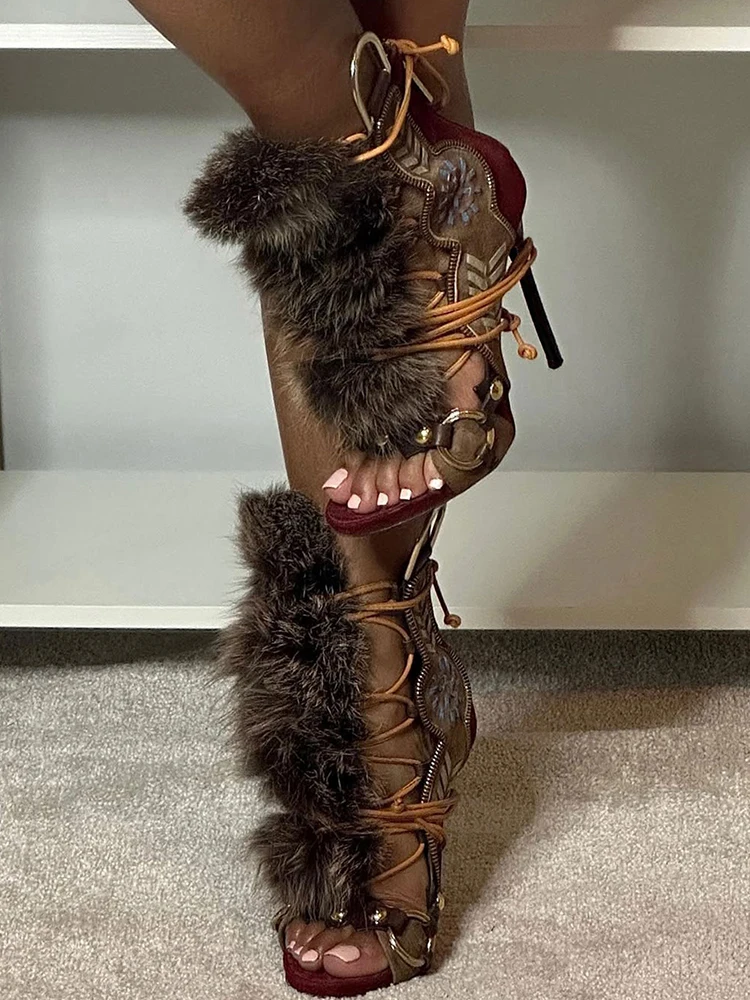 GMQM Women's High Heel Short Boots Open-Toe Zip Lace-Up Plush Strap Sandals Trendy Fashion Show Footwear Lady Cowboy Brown Pumps