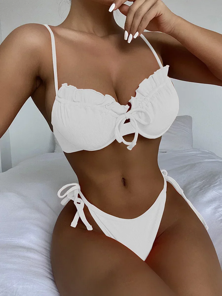 Costume da bagno donna sexy con volant increspato e ferretto a costine Costume da bagno donna Costume da bagno bikini a due pezzi Costume da bagno push up Swim Lady
