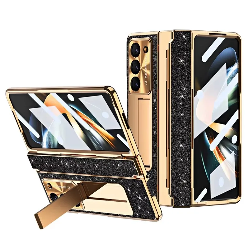 Leather Sparkle Magnetic Plating Hinge Phone Case For Samsung Galaxy Z Fold 6 5 4 3 Screen Protector Wireless Charge Hard Cover