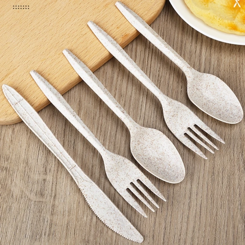 Degradable Disposable Wheat Straw Tableware Fork Spoon Knife With Independent Packaging 100pc/lot