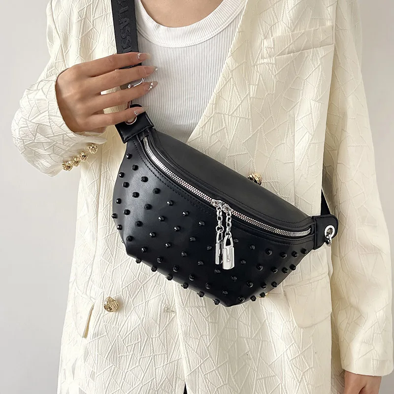 

Fashion Waist Bags For Women Rivet Chest Bag PU Leather Shoulder Crossbody Bag Female High-quality Phone Purse Ladies Fanny Pack