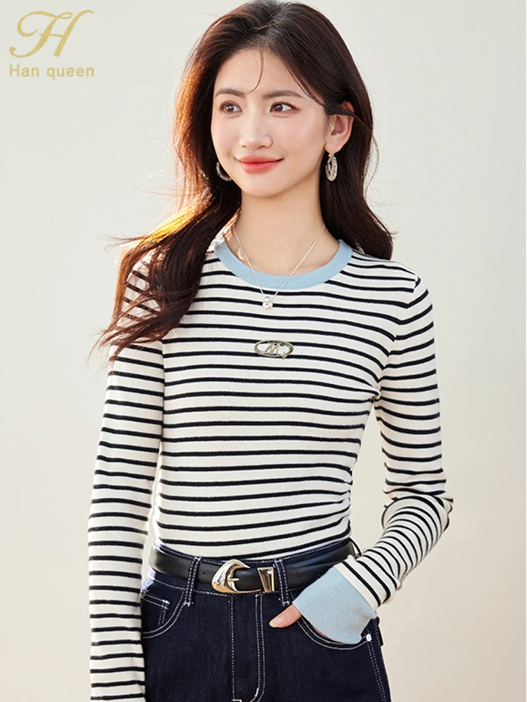 

H Han Queen Autumn Pullover Sweaters Long Sleeve Colorblocked Stripe Internal Korean Woman Clothing Vintage Casual Tops Women's