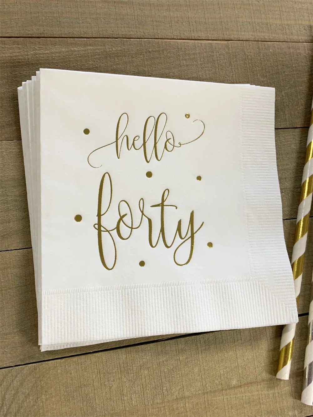 

50PCS Hello Forty 40 White w/Metallic Shiny Gold Foil Cocktail Beverage Napkins 3 Ply Happy Birthday 40th Hello Shiny Gold Foil