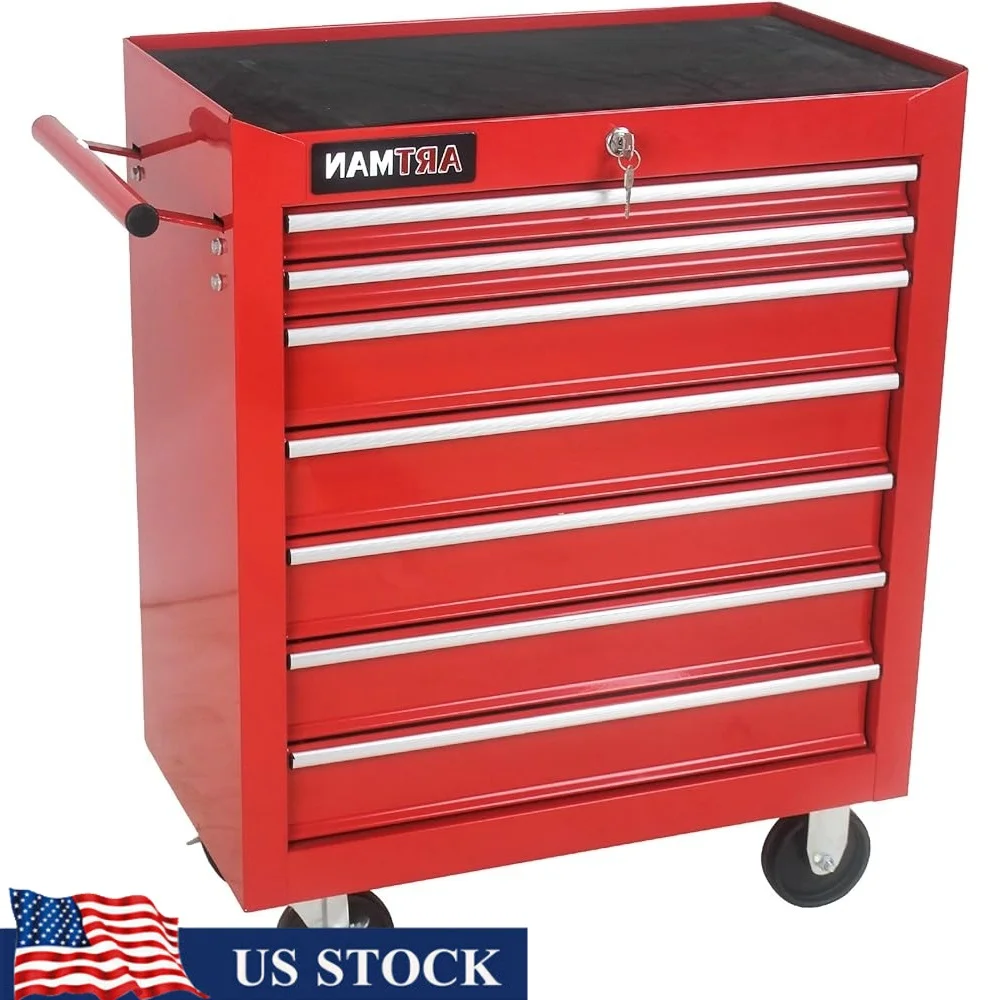 

Tool Chest Cart 7 Drawers Mobile Tool Storage Cabinet Lockable Trolley with Wheels Rolling Organizer Garage Workshop