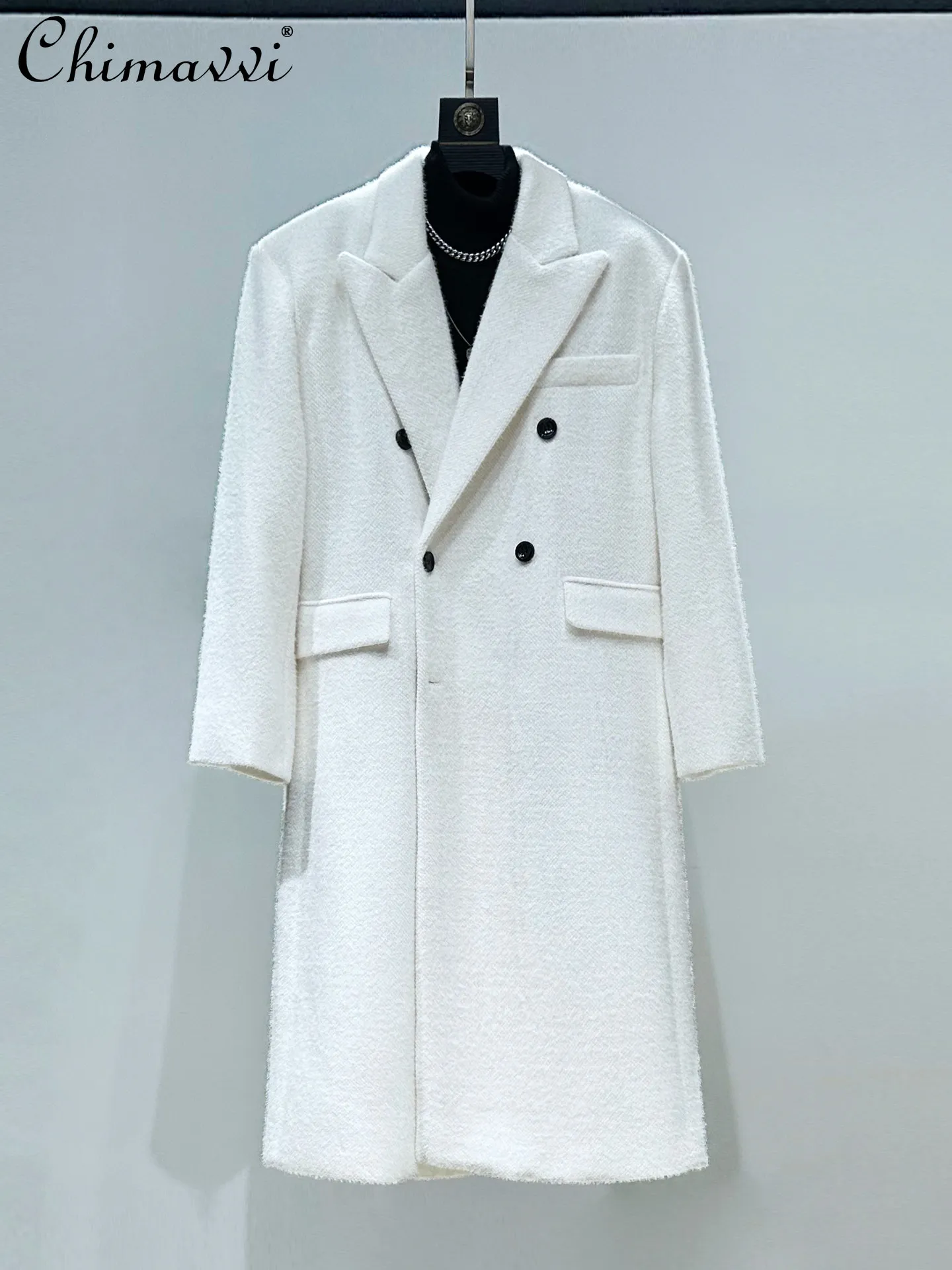 

Original Fashion Trend White Long Woolen Trench Coat for Men’s Winter Double-Breasted Suit Collar Elegant Casual Jacket Overcoat