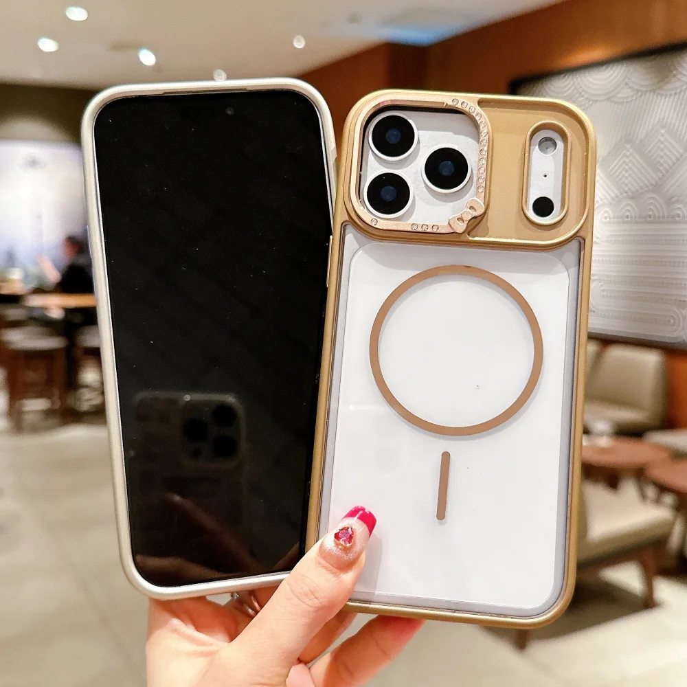 Luxury for Magsafe Transparent  Hard Acrylic Case for iPhone 17 Air 16 15  14 Plus 13 Pro Max Camera Lens Diamond Protect Cover