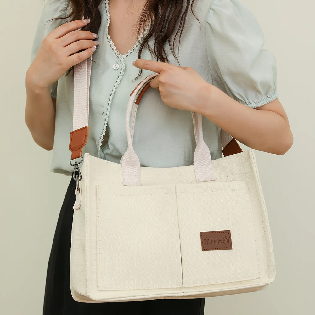 Large Capacity Canvas Tote Bags For Women Fashion Shoulder Bag Adjustable Strap Crossbody Bag Multi Pockets Square Commuting Bag