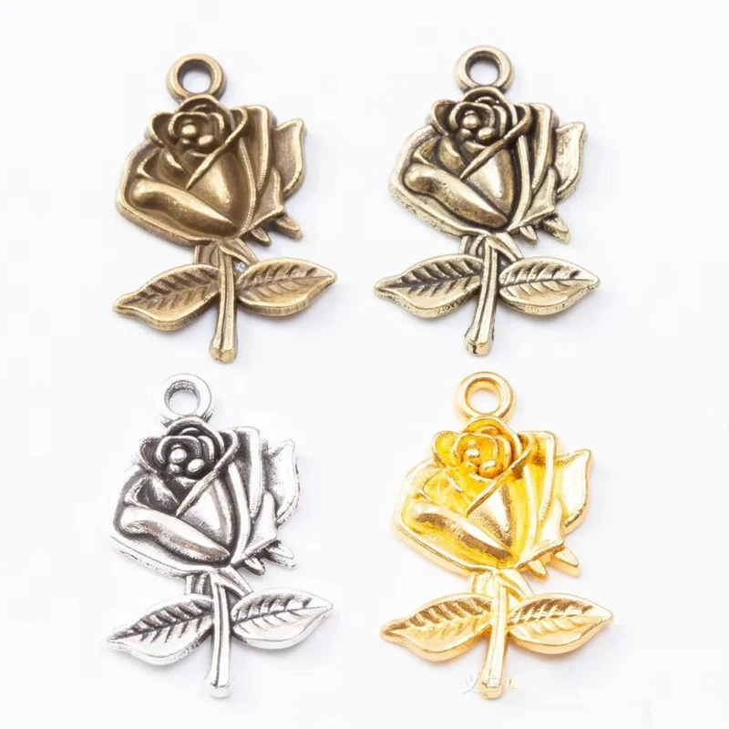 50pcs 26*17MM Zakka Style Wedding Creative Gift Alloy Rose Jewelry, Vintage Classic Handmade Diy Sweater Necklace Pendant.