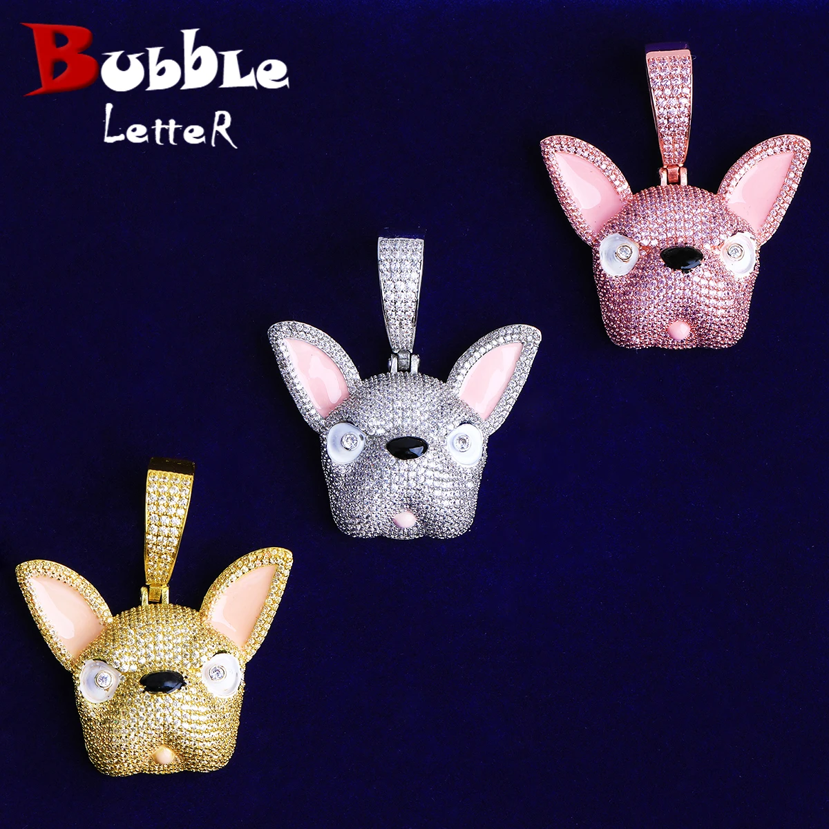 

Ожерелье с пузырьками и буквами Iced Out, розовые уши, собака, кулон для мужчин, зубец, установка, 5А, кубический цирконий, ювелирные изделия в стиле хип-хоп