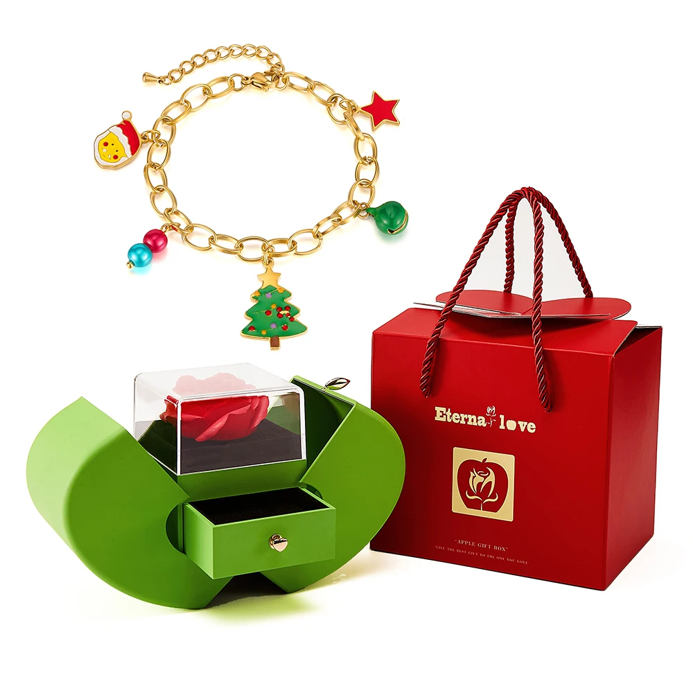 

Christmas Gift Set – Rose Apple Jewelry Gifr Box with Creative Christmas Charm Bracelet for Women