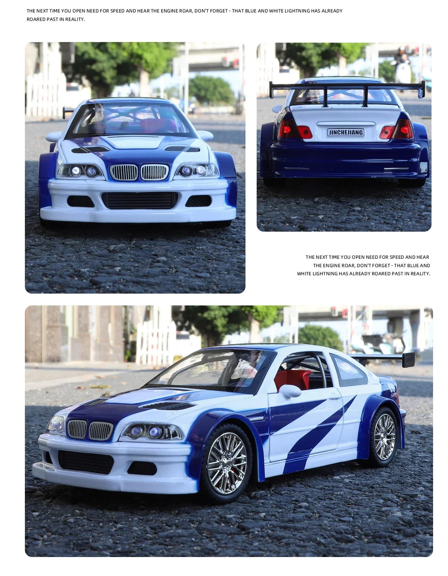 1:24 M3 GTR E46 Racing Alloy Metal Diecast Model Car Sound and Light Pull Back Collectibles Hobby Birthday