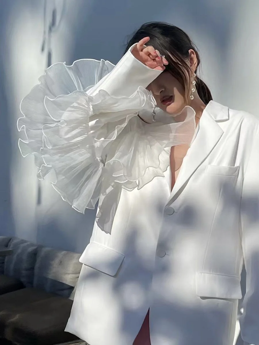 

Женский костюм STUDIO Advanced White Me с кружевной отделкой и вставками, весна-осень, большие размеры, оригинальный дизайн, однотонный