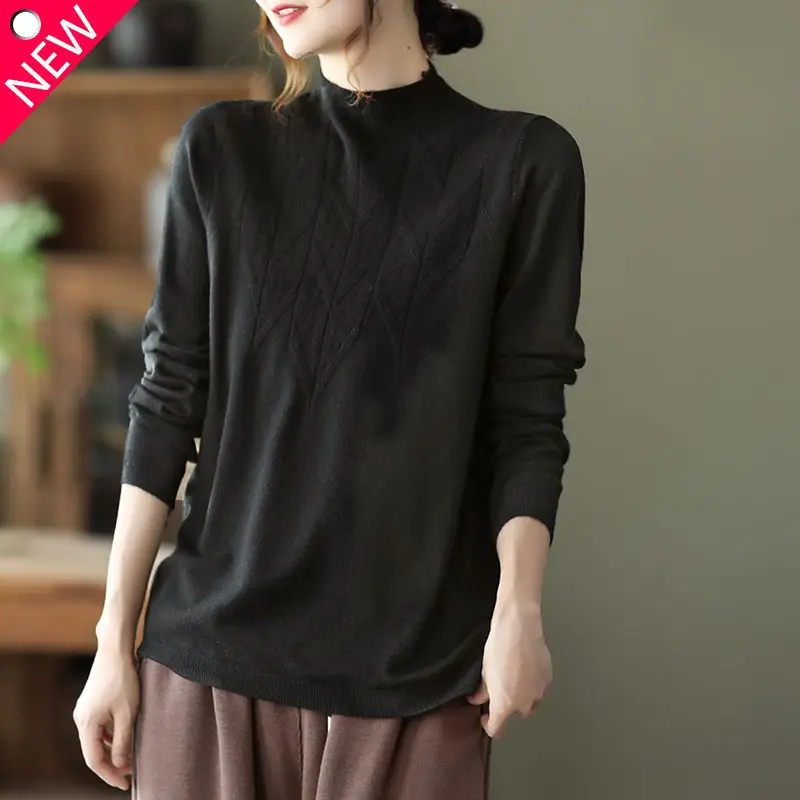 Autumn and Winter Fashion New Temperament Women's Clothing Half High Neck Long Sleeve Solid Color Commuting Versatile Pullover