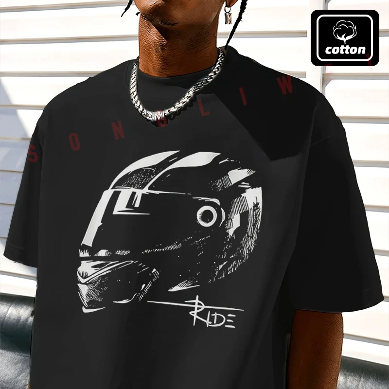 

Ride Motorcycle Helmet Graphic Moto T-Shirt Vintage Cotton Plain Mens Funny T Shirts Casual Harajuku Clothes