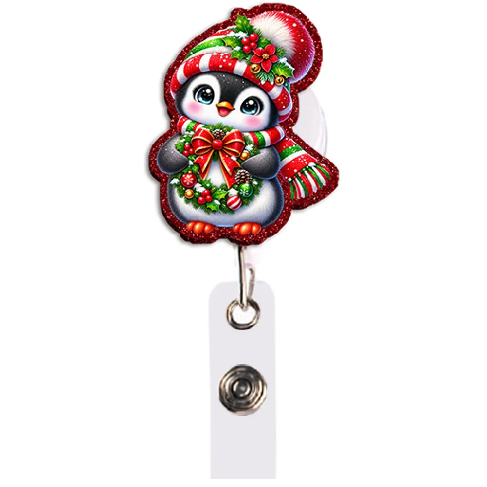 Glitter Acrylic Retractable Badge Reel Merry Christmas Elements ID Card Holder Lanyard Clip Office School Badge Accessories