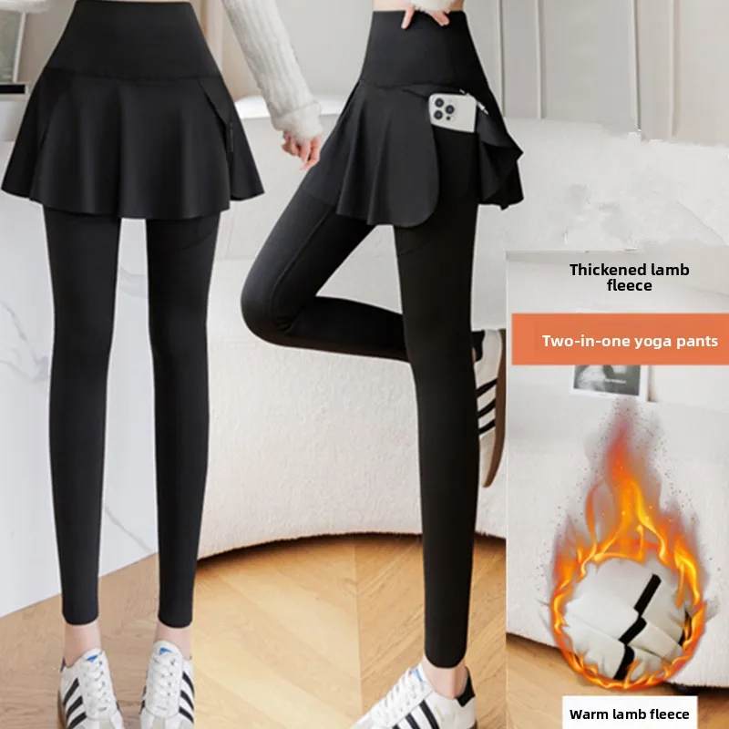 plus Size Fleece Lined Tight Leggings Women Outerwear Fake Two Piece Pleated Skirt Thick Warm Winter Slim Fit Pants