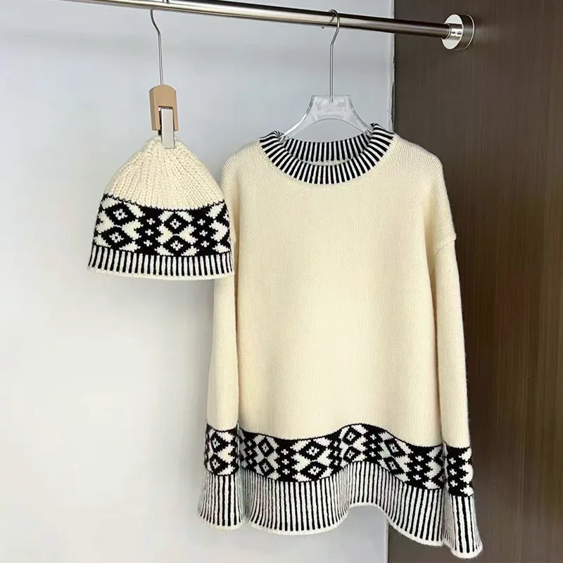 Jacquard Pullover Contrasting Color Sweater for Women's Autumn and Winter New Style Lazy Design Knitted Sweater