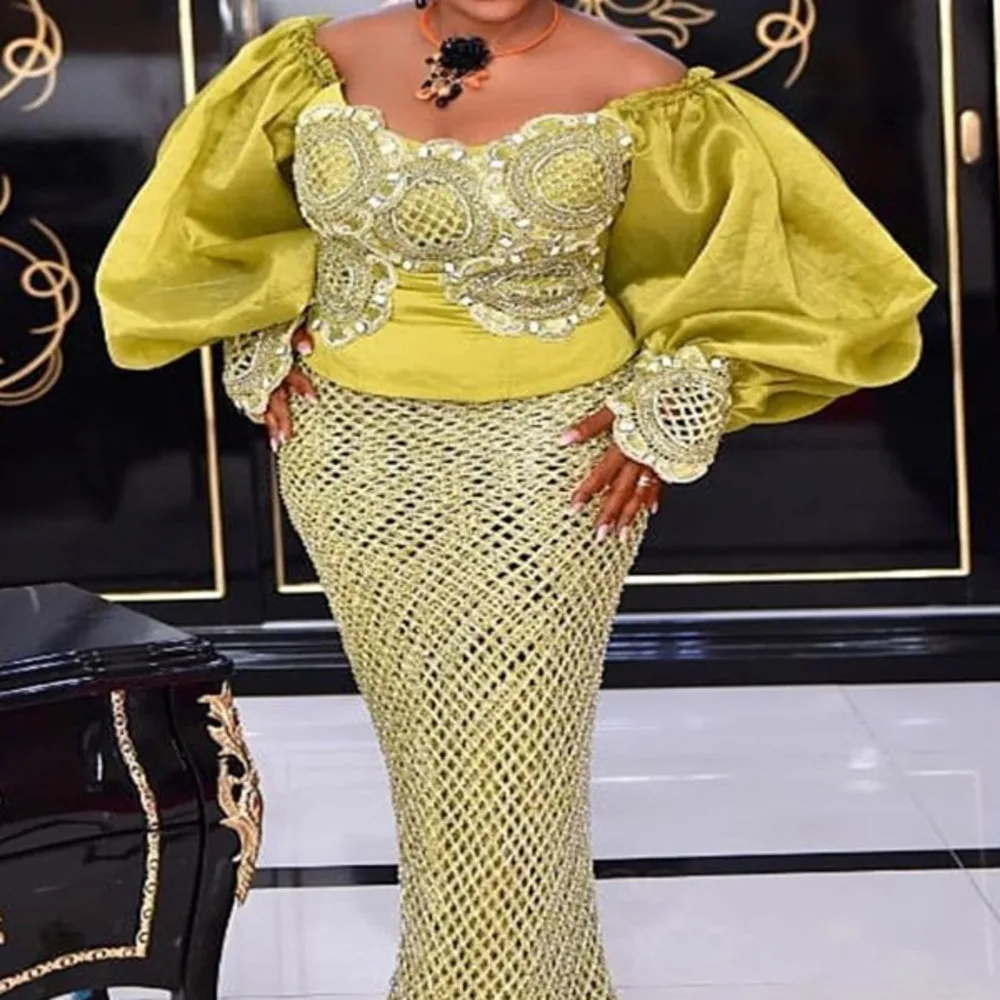 

Lace embroidered long skirt wrap chest style temperament office lady bubble sleeve straight collar yellow high waist dress