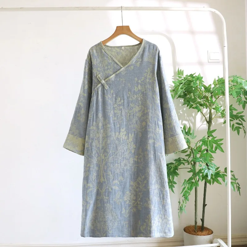 2026 New Spring And Autumn Sleeping Skirt 100% Cotton Gauze Retro Long Dress With Nine Sleeve Mid Length Home Dress Sleepwear view 3