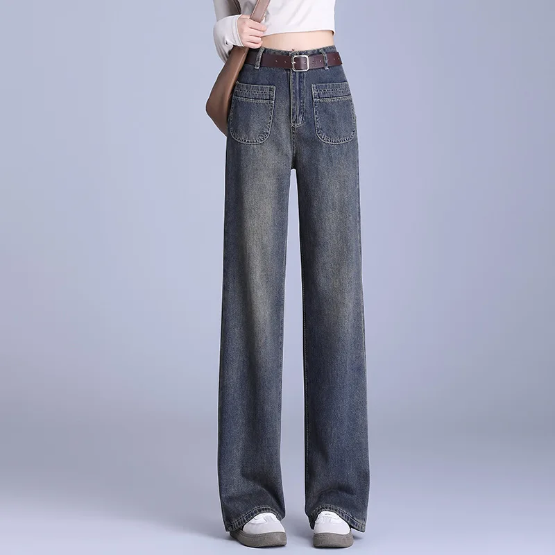 Jeans stretti a gamba larga da donna, nuovi pantaloni dritti larghi primaverili e autunnali, pantaloni lunghi Petite di vendita calda
