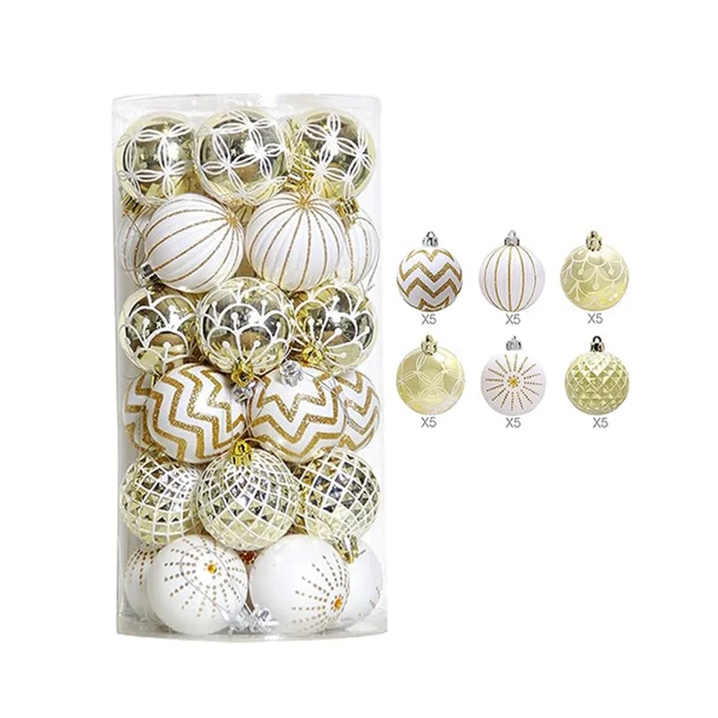 30PCS Christmas Balls ,60MM Gold&White Painted Shatterproof Festive Wedding Hanging Ornaments Christmas Trees Decoration