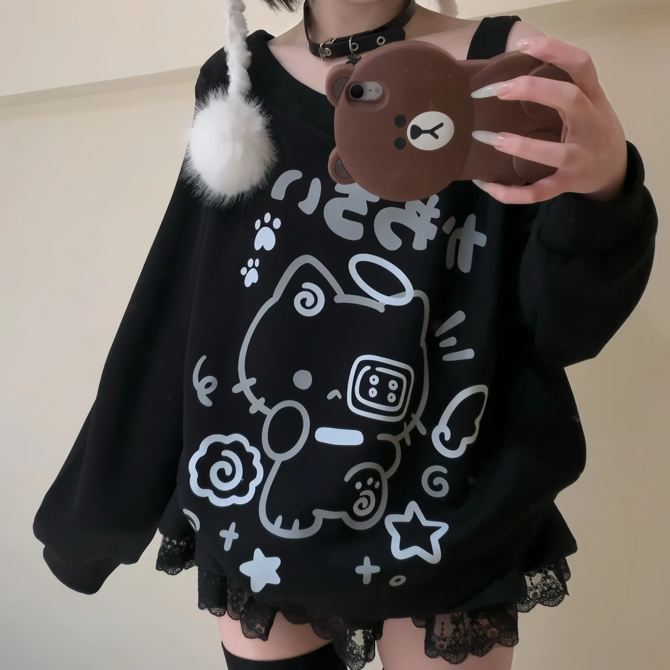 Bonito oulder Bared Long Sve round Ne Quadri-color Moletom solto ajuste confortável algodão poliéster primavera feminino Swea...