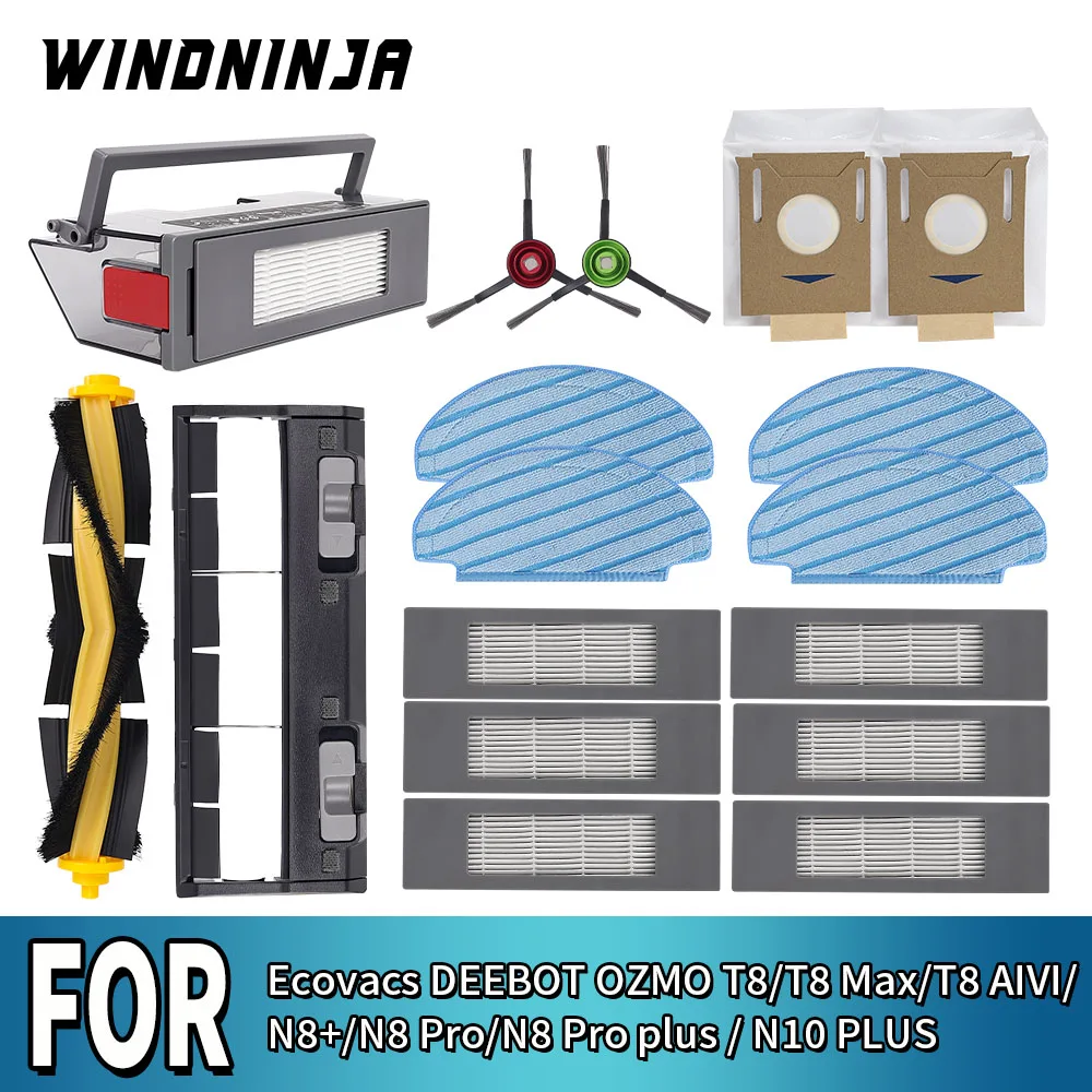 Accesorios para ECOVACS Deebot T8 /T8 Max/ T8 AIVI /T9+ /N8 Pro/N10 Plus: Cepillo Lateral Principal, Bolsa para Polvo, Filtro HEPA, Caja de Polvo