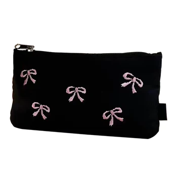 Trousse à crayons grande capacité avec nœud noir simple, sac de rangement pour crayons, sac cosmétique, fournitures scolaires, papeterie, style Ins