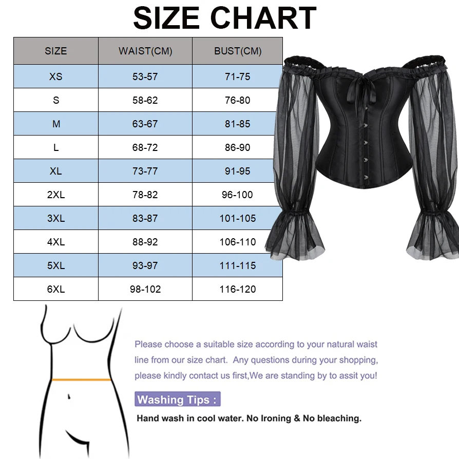 sexy black corset top waist trainer gothic corsets and bustiers women overbust corset blouse off shoulder Long puff sleeve