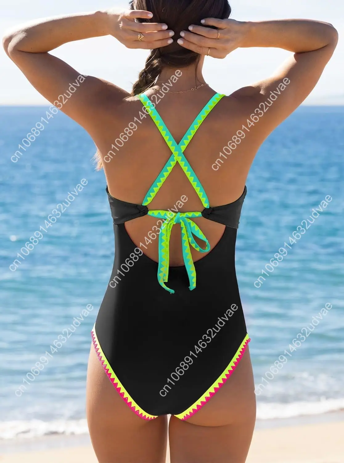 Popvil néon couleur bloc une pièce maillot de bain pour femmes ventre contrôle col en V maillot de bain plongeant coquille garniture maillots de bain cravate dos